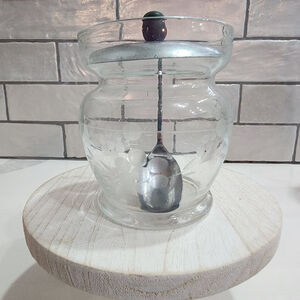 Mid century Etched Glass Jam Jar with Metal Lid and Spoon